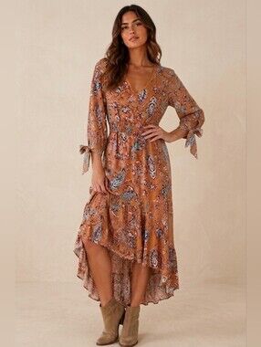 Abel the Label Anthropplogie Brown Paisley Maxi Dress Boho 3/4 Tie Sleeve S